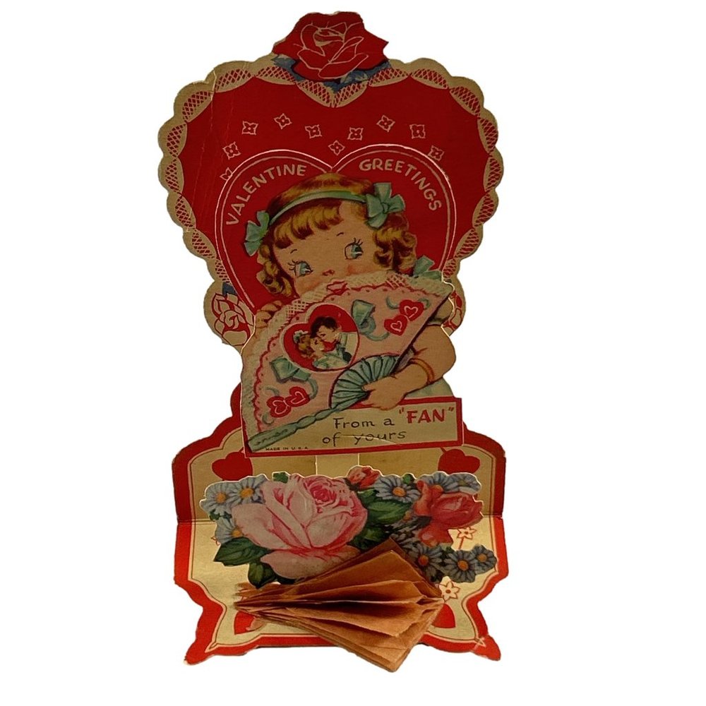 Vintage Pull Down Valentine Card Girl Fan Folding Flowers Roses USA Ephemera